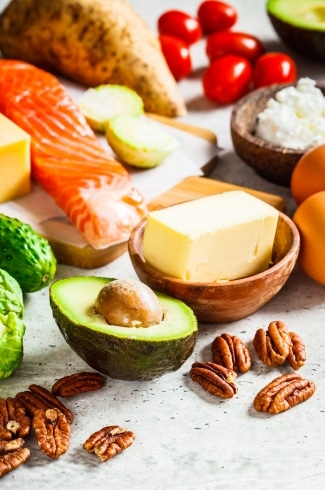 Keto Pantry Staples like eggs, butter, dish, nuts