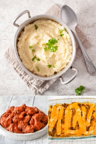Keto Comfort Foods like buffalo wings, taco casserole, and cauliflower mash