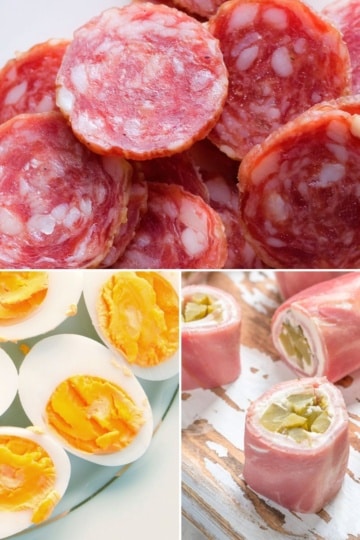 square collage of keto snacks, salami slices, hard boiled eggs, and ham pickle roll ups