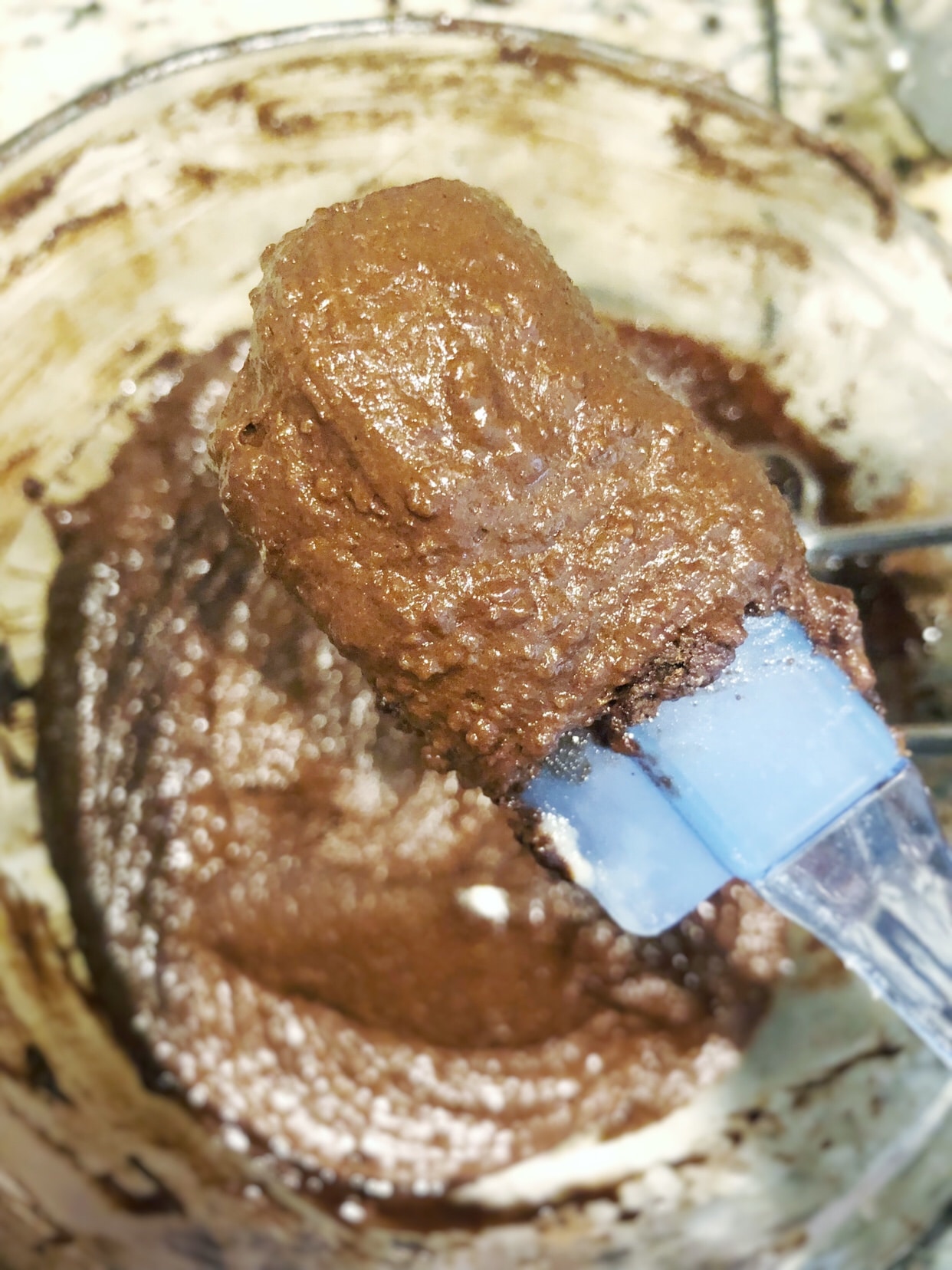 brownie batter closeup on spatula