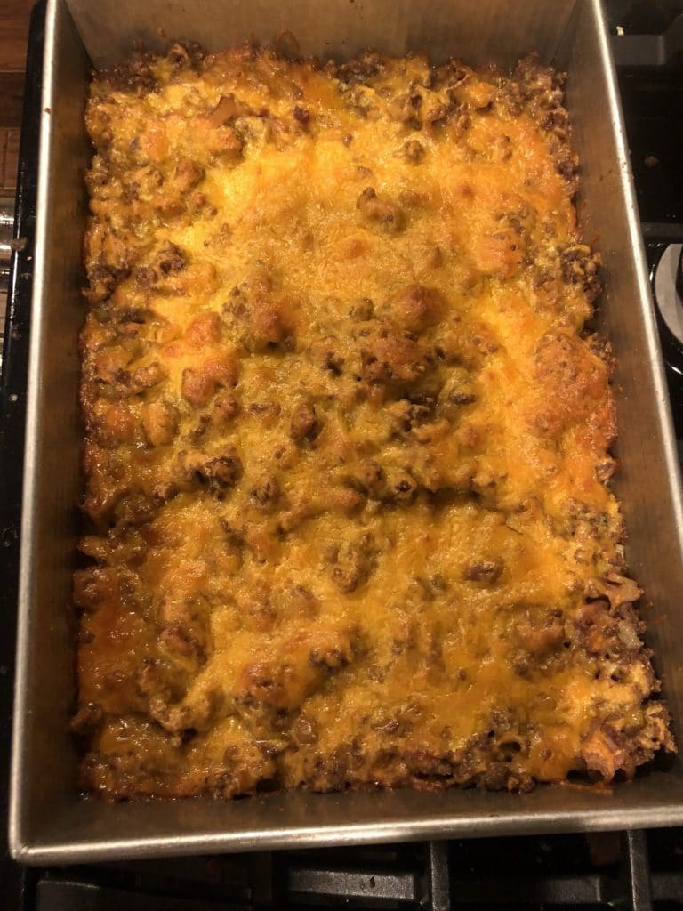 cheeseburger casserole overhead shot in a aluminum baking dish