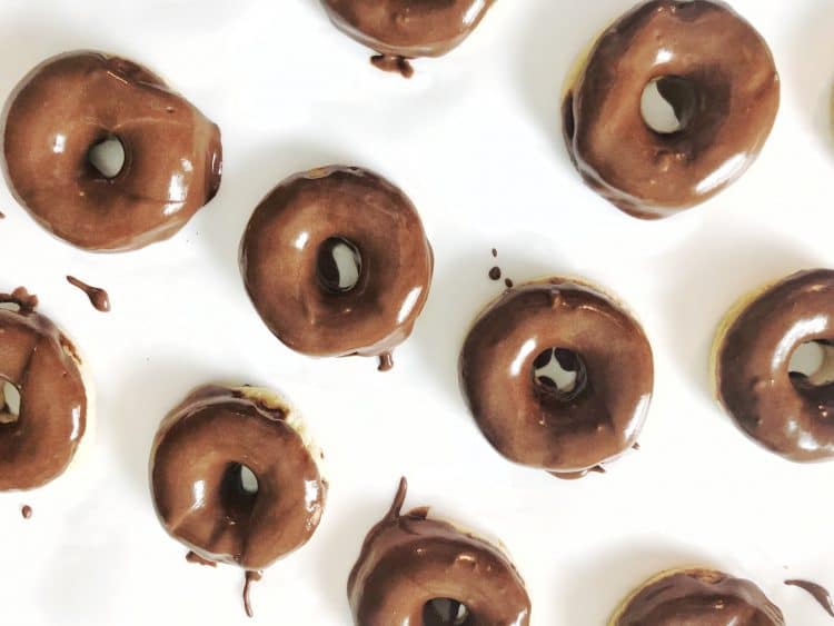overhead shot of chocolate glazed donuts
