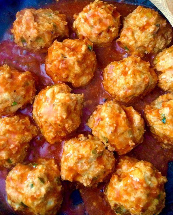 buffalo chicken meatballs in a red sauce close-up