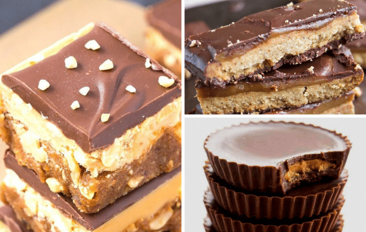 homemade snickers, homemade peanut butter cups, and homemade twix bars collage