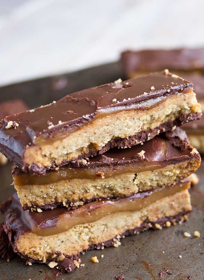 homemade twix bars stacked close-up