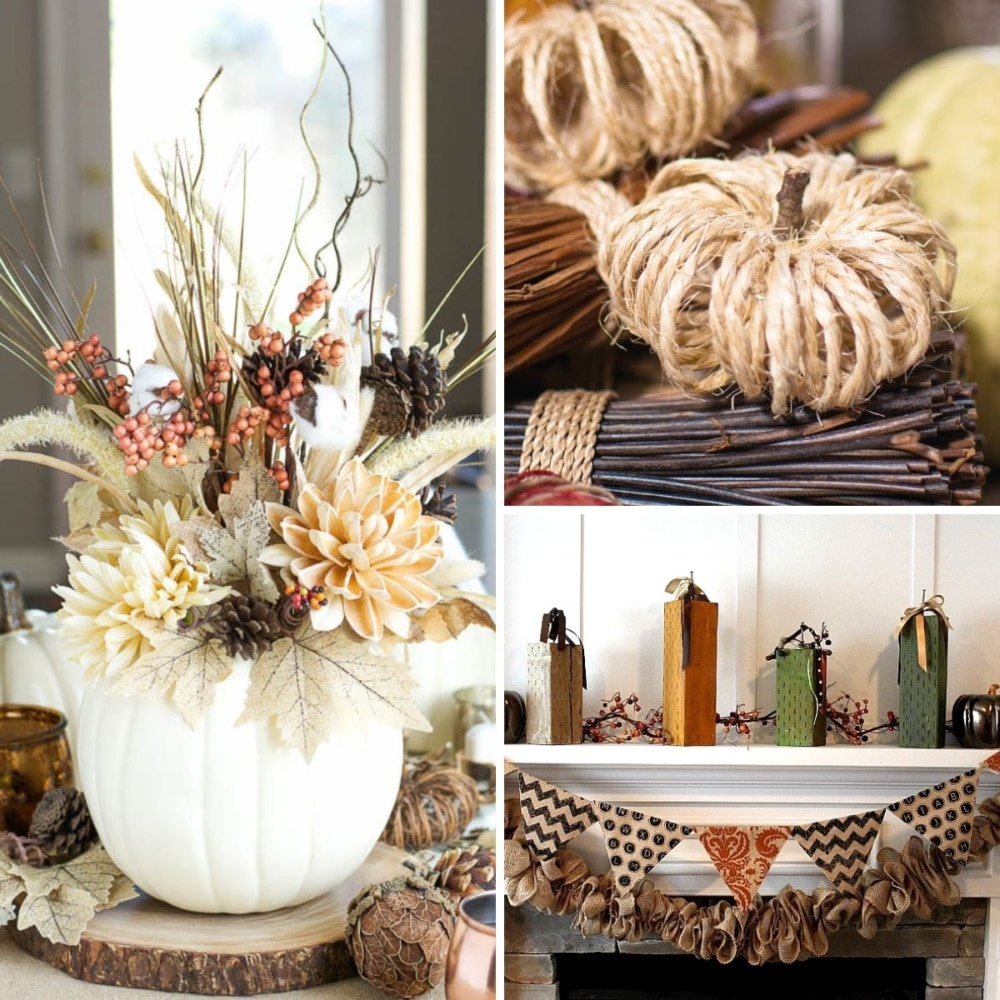 easy fall decor ideas including a white pumpkin with a festive fall bouquet, a twine pumpkin, and mantle decor