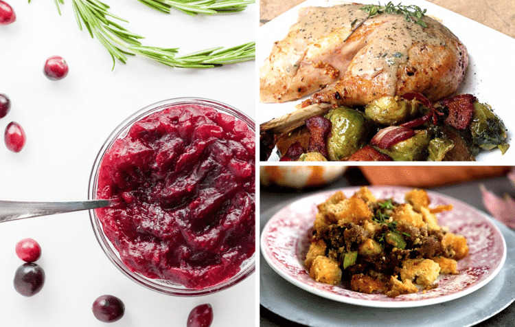 collage with cranberry sauce, keto stuffing, and turkey leg
