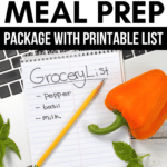 grocery list with pencil and orange pepper nearby on top of a laptop Pinterest pin image