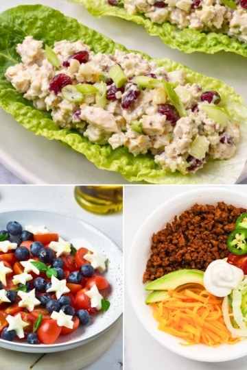 Collage of keto lunch ideas, chicken salad in romaine lettuce cups, tomato blueberry salad with star-shaped cheese, and taco salad bowl with ground beef, cheddar, avocado, and sour cream.