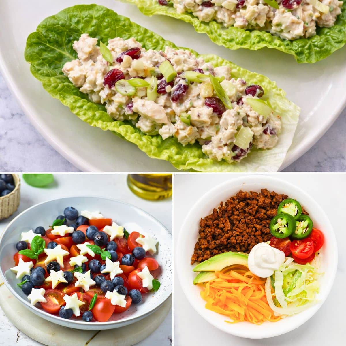Collage of keto lunch ideas, chicken salad in romaine lettuce cups, tomato blueberry salad with star-shaped cheese, and taco salad bowl with ground beef, cheddar, avocado, and sour cream.