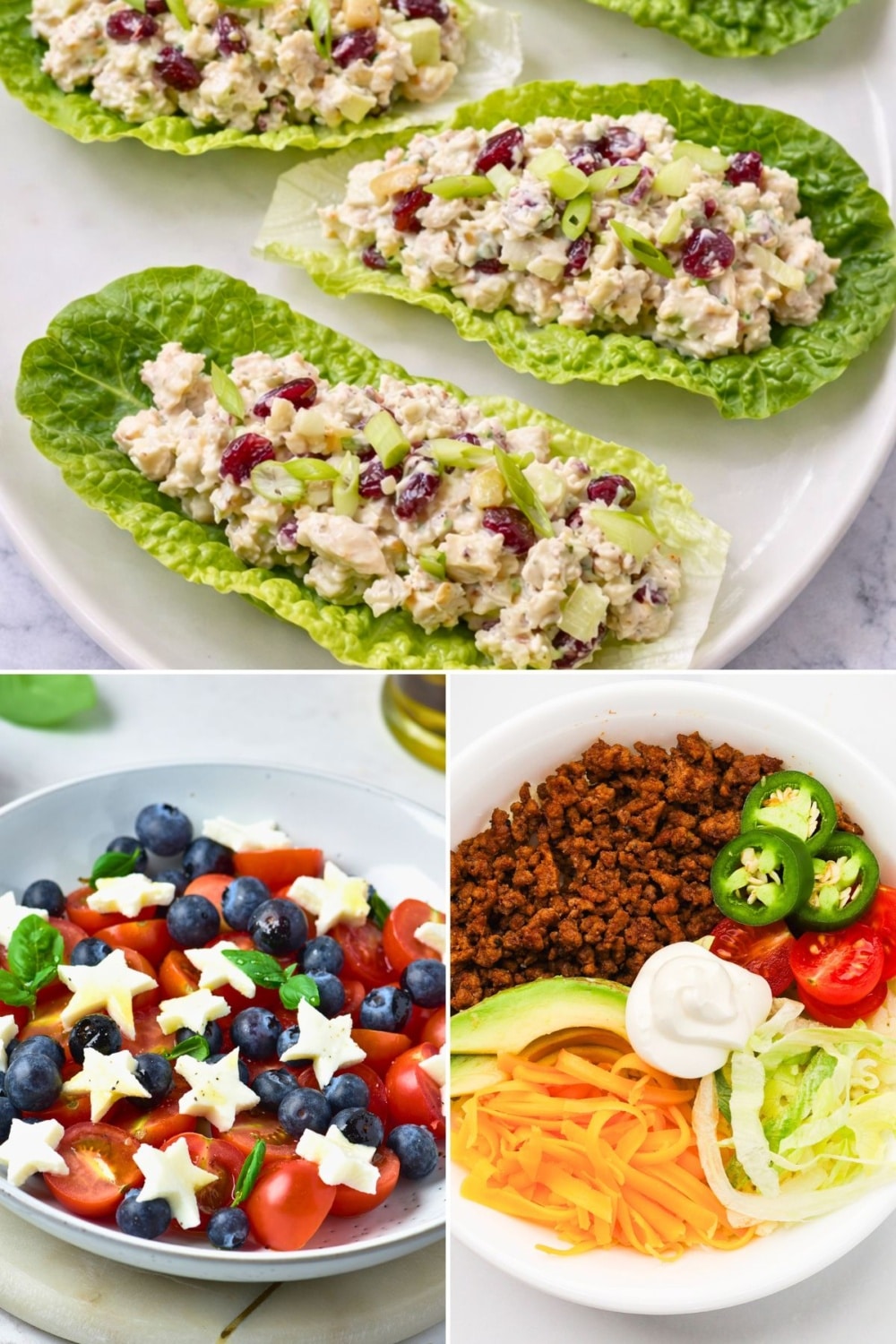 Square Collage of keto lunch ideas, chicken salad romaine lettuce cups, tomato and blueberry salad with star-shaped cheese, and taco salad bowl with ground beef, cheddar, avocado, lettuce, and sour cream.