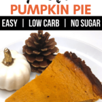 pumpkin pie with pinecone and white pumpkin Pinterest pin image