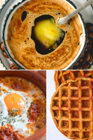 keto breakfast collage with bulletproof coffee, eggs with chorizo, and chaffles