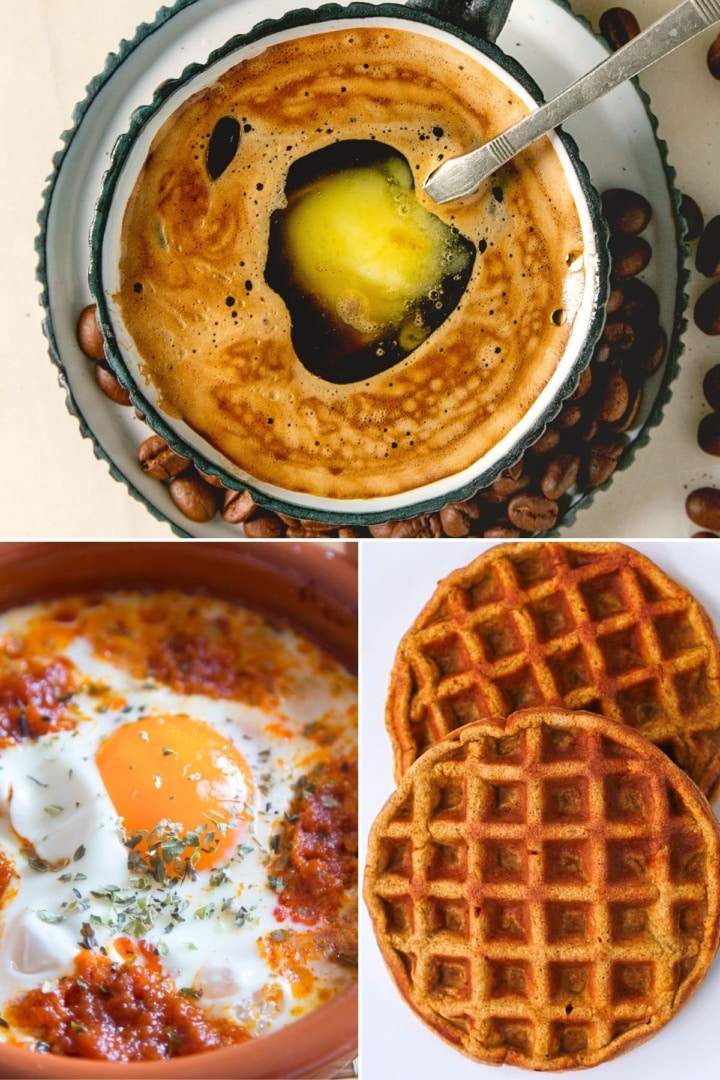 keto breakfast collage with bulletproof coffee, eggs with chorizo, and chaffles