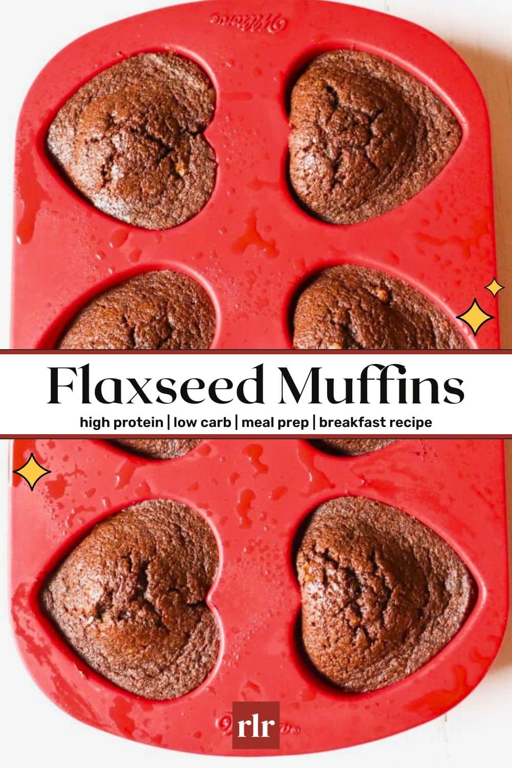 keto chocolate flaxseed muffins in a red silicone baking pan overhead view