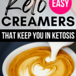 close-up latte art pouring coffee creamer into small coffee cup Pinterest pin image