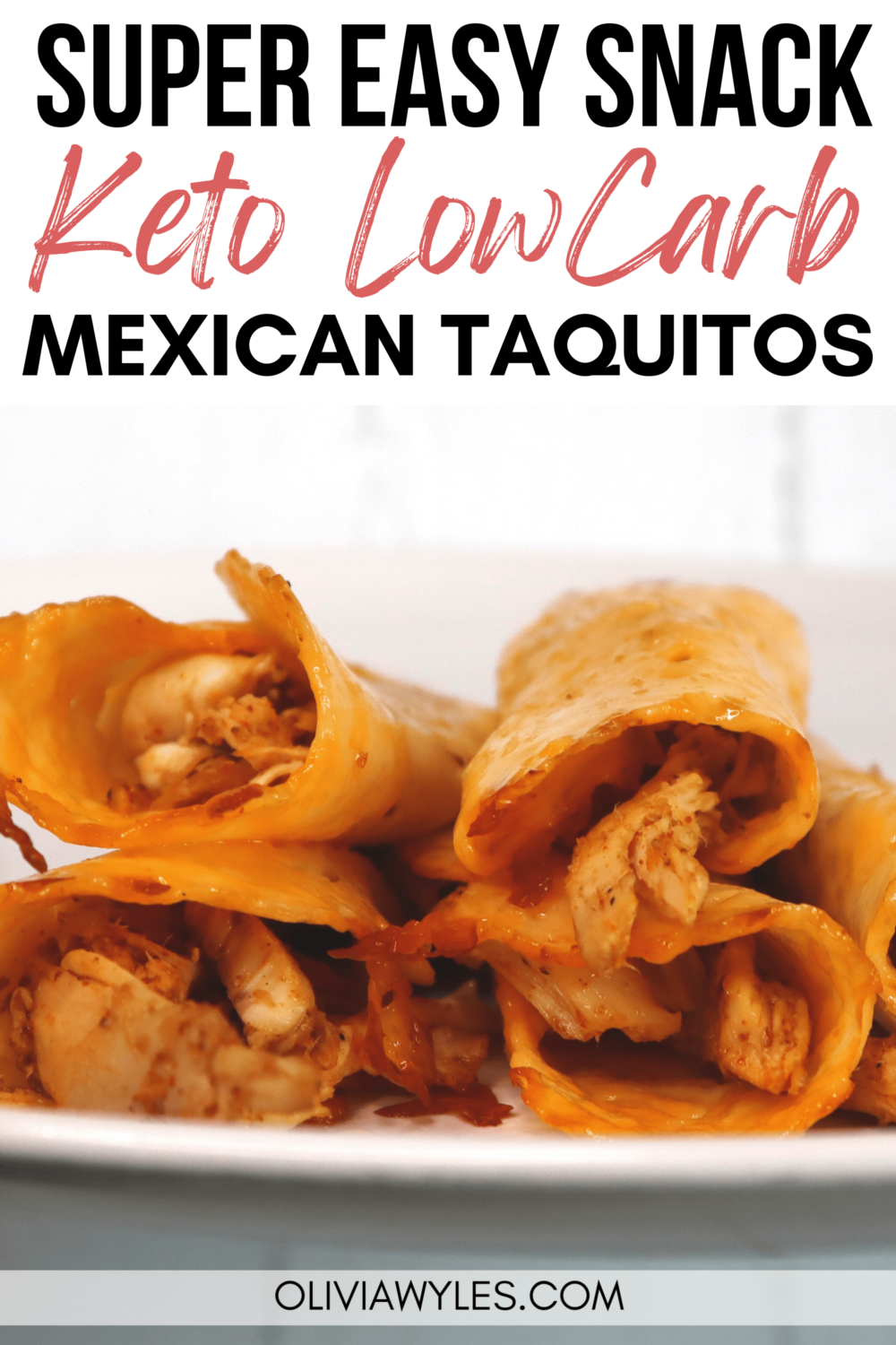 four cheesy keto taquitos on a white plate Pinterest pin image