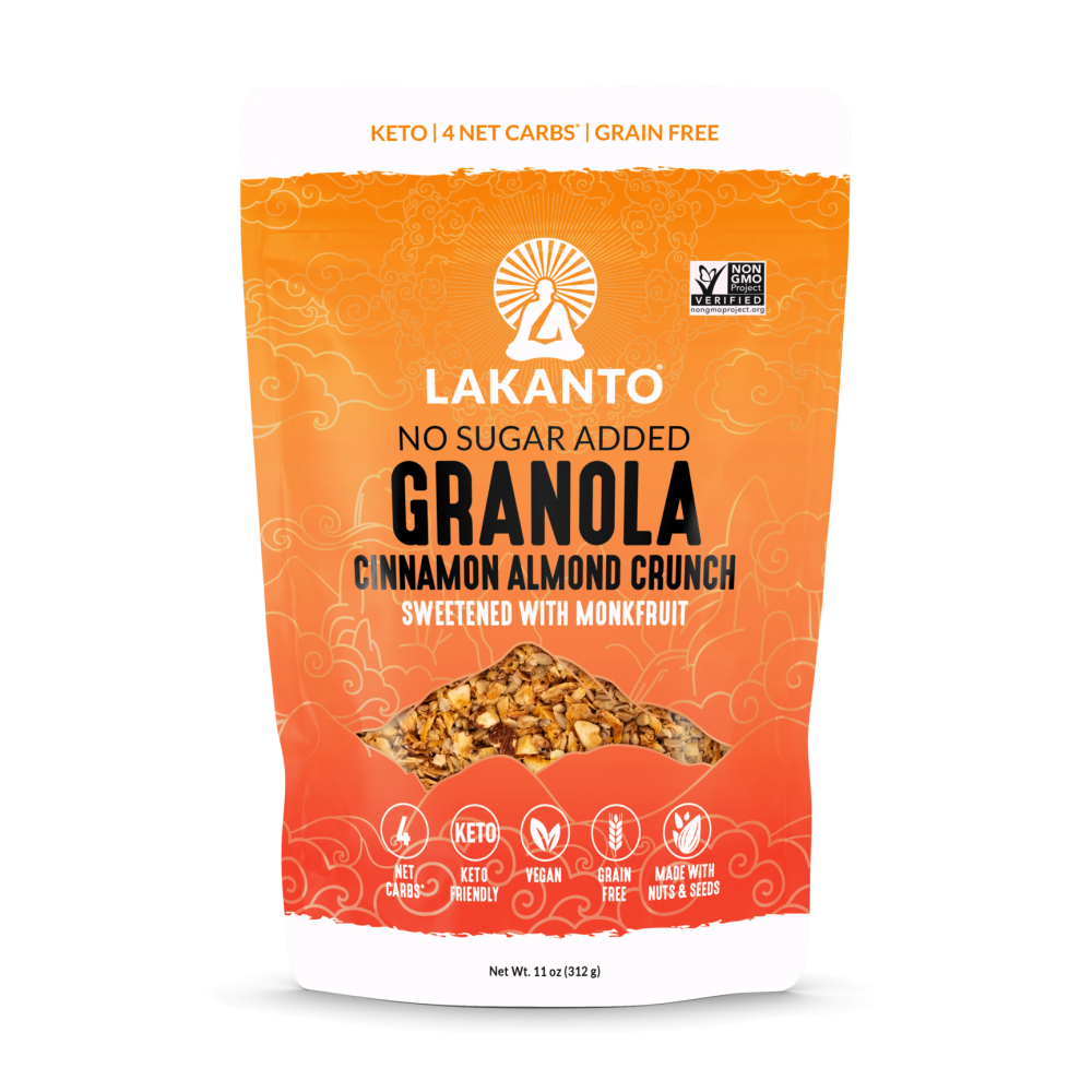 Lakanto no sugar added granola cinnamon almond crunch sweetened with monkfruit orange bag with picture of cereal on front