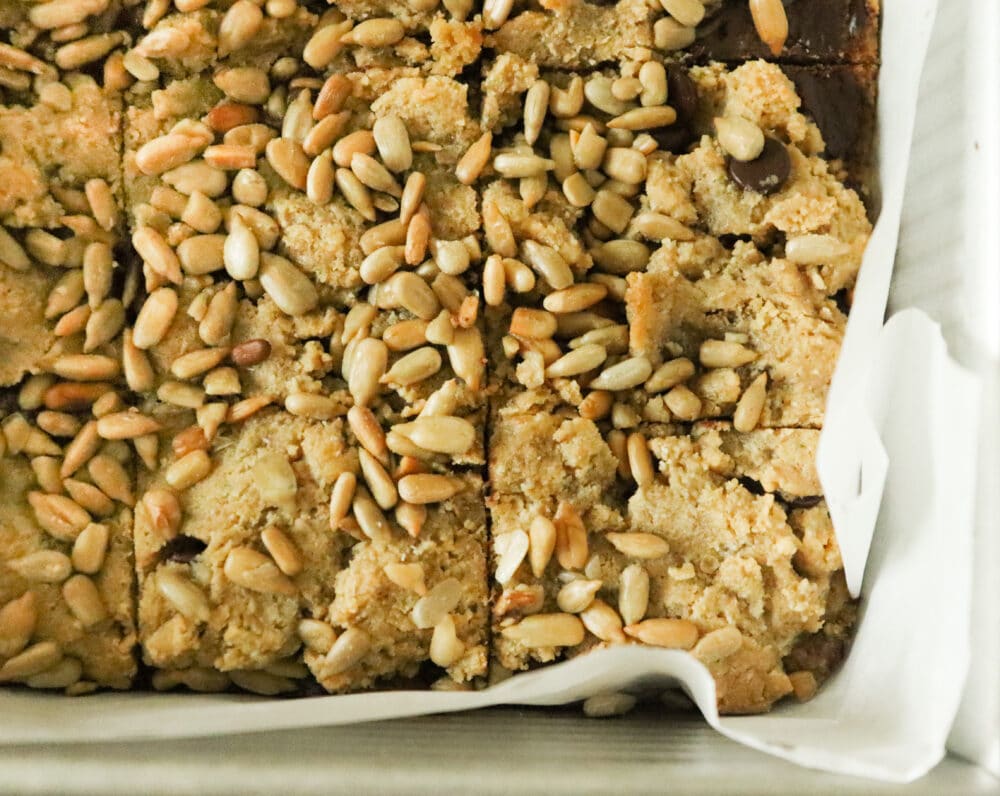 cookie bars fresh out of the oven and sliced closeup