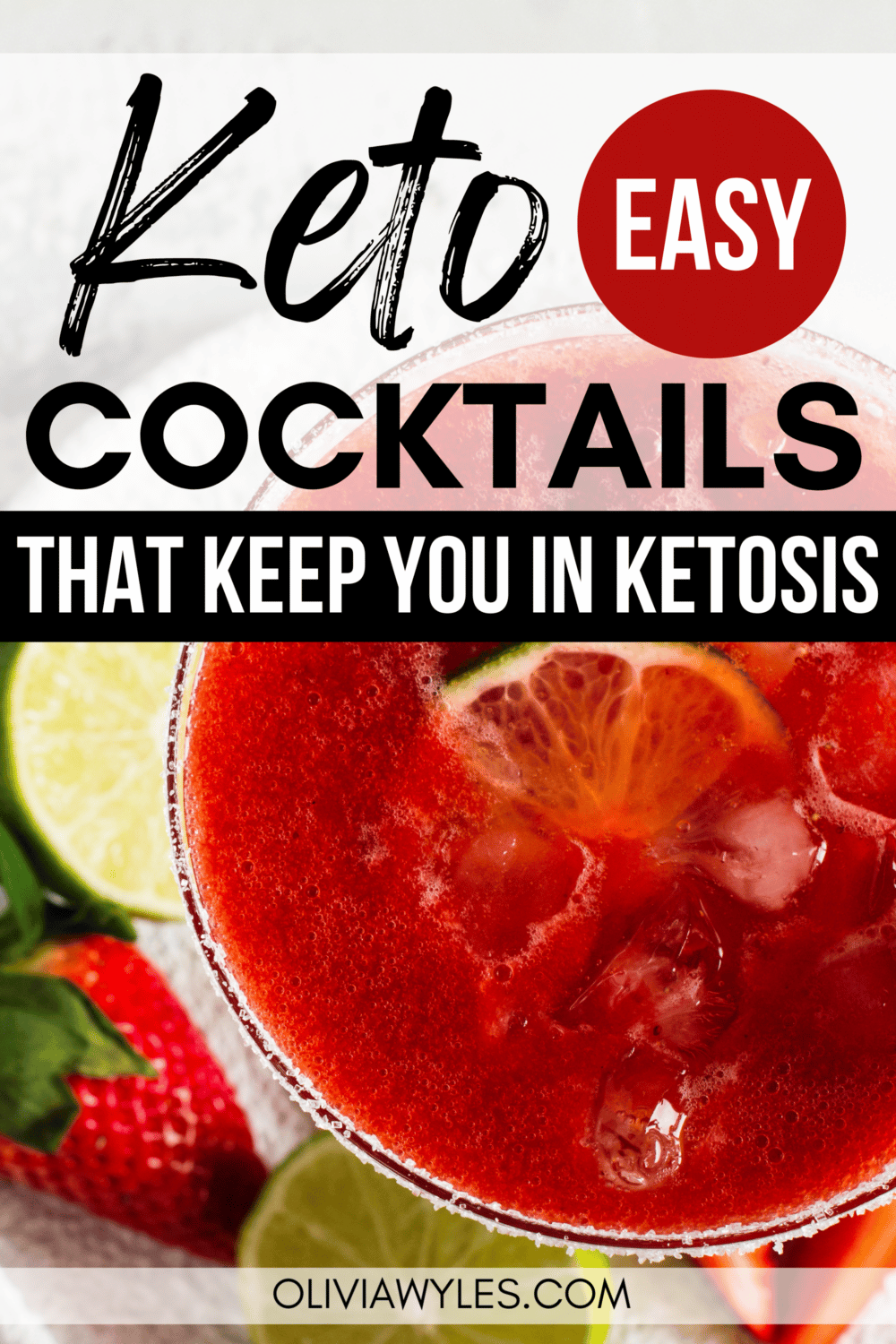 red cocktail in martini glass with lime and strawberries nearby Pinterest pin image