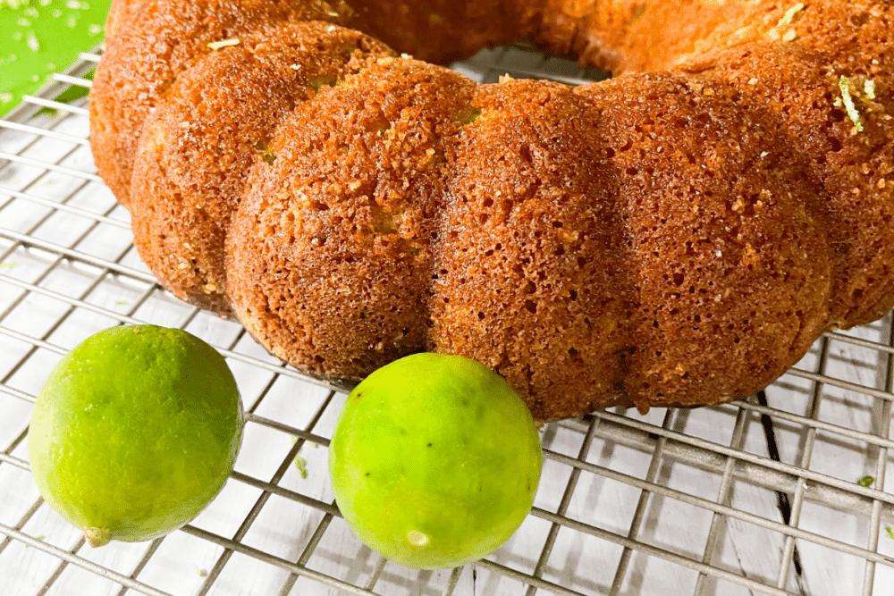 keto key lime pound cake unfrosted with limes