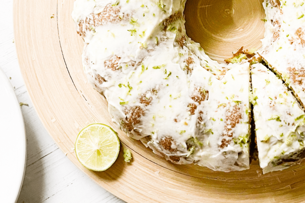 low carb lime cake sliced high angle view