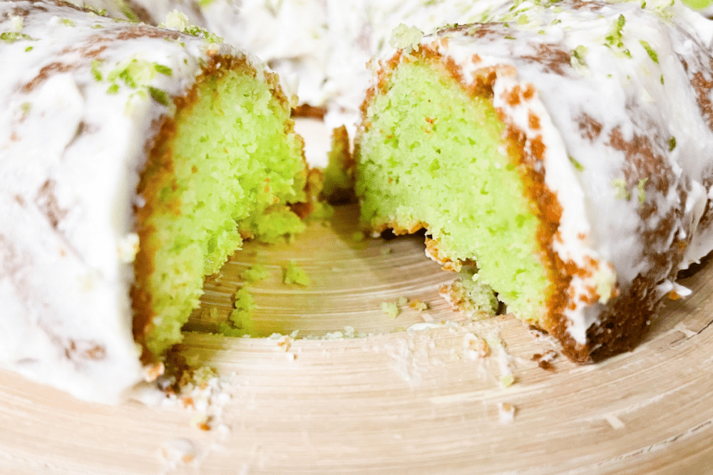 keto key lime pound cake sliced with sugar free cream cheese frosting