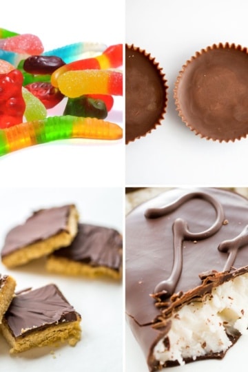 A four-photo grid of keto candy ideas: colorful gummy candy, chocolate peanut butter cups, chocolate-topped peanut butter bars, and a chocolate-covered coconut bar with a bite taken out.