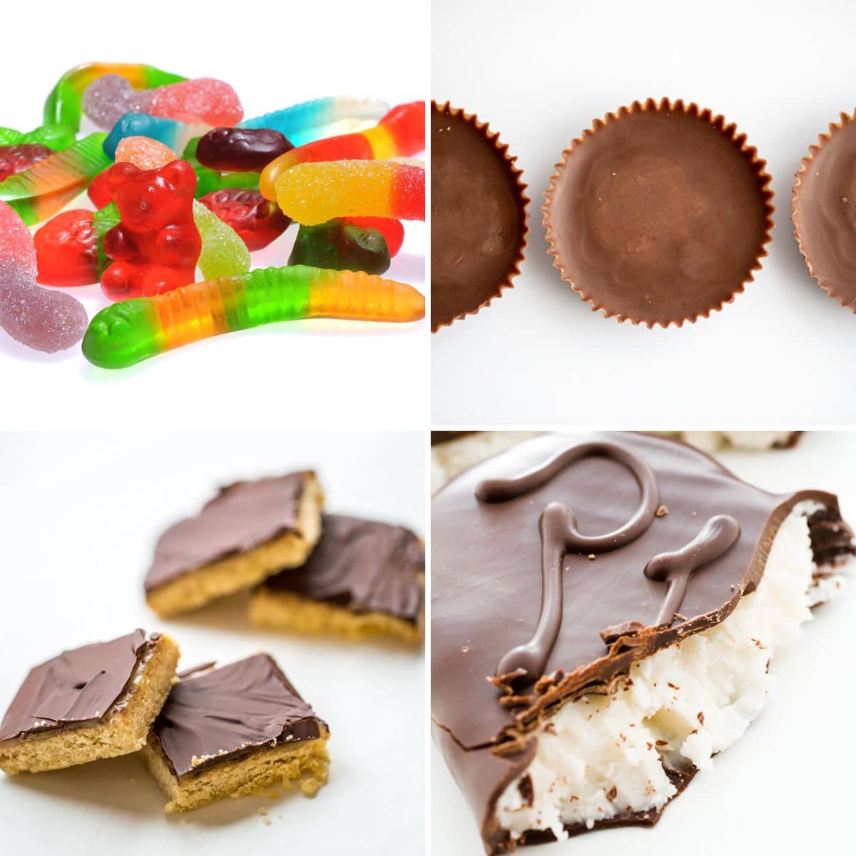 A four-photo grid of keto candy ideas: colorful gummy candy, chocolate peanut butter cups, chocolate-topped peanut butter bars, and a chocolate-covered coconut bar with a bite taken out.