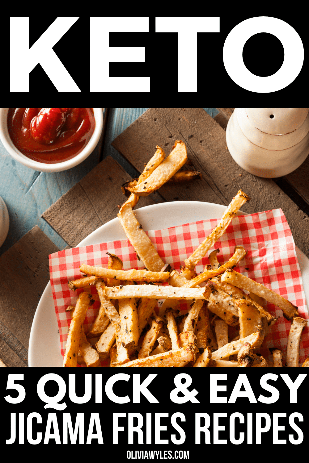 jicama fries on plate with ketchup Pinterest image