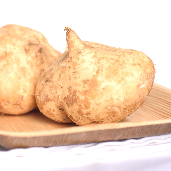 whole jicama closeup on wooden cutting board