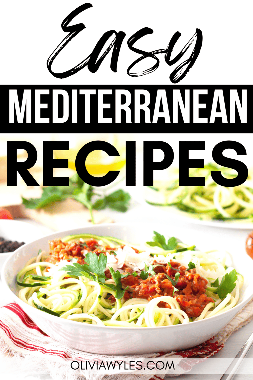 zoodles and meat sauce Mediterranean diet food Pinterest pin image