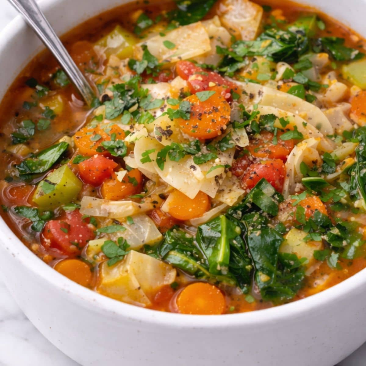 Close-up of keto cabbage soup in a white bowl with visible cabbage, carrots, tomatoes, and fresh parsley