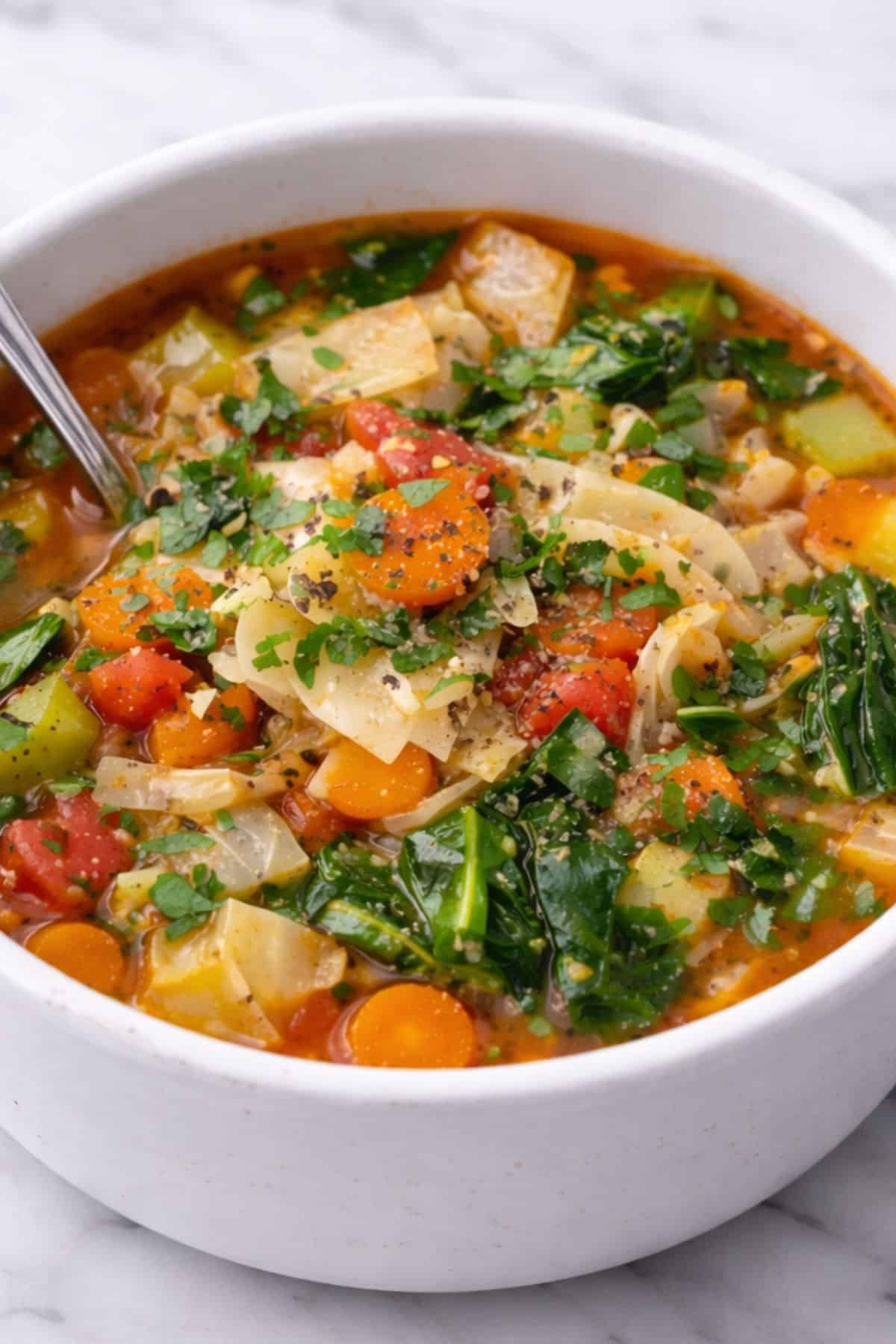 Bowl of keto cabbage soup with vegetables and fresh herbs visible