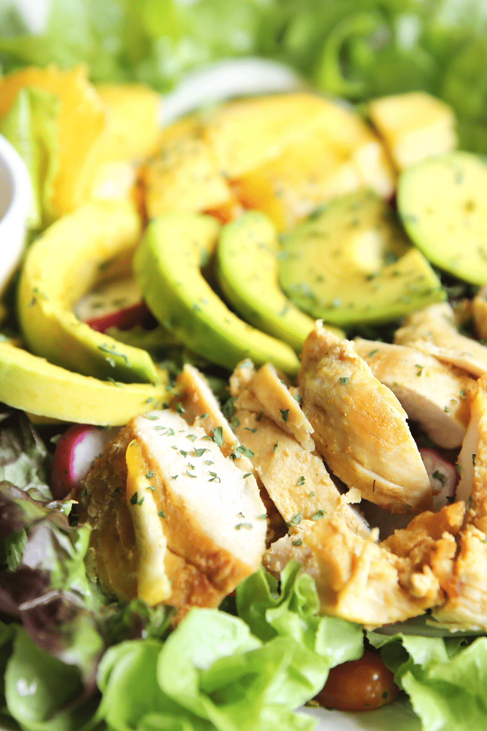 Fresh and vibrant Chicken Avocado Salad, featuring diced chicken breast, creamy avocado chunks, and crispy romaine lettuce tossed with a zesty lemon-olive oil dressing