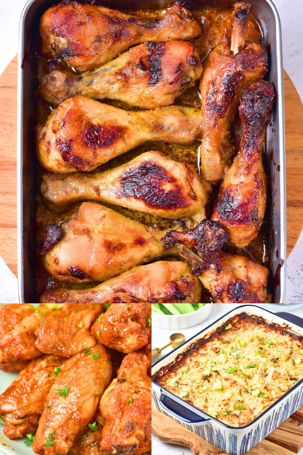 Easy Keto Dinner Recipe Ideas like honey mustard drumsticks, turkey dip, and buffalo wings