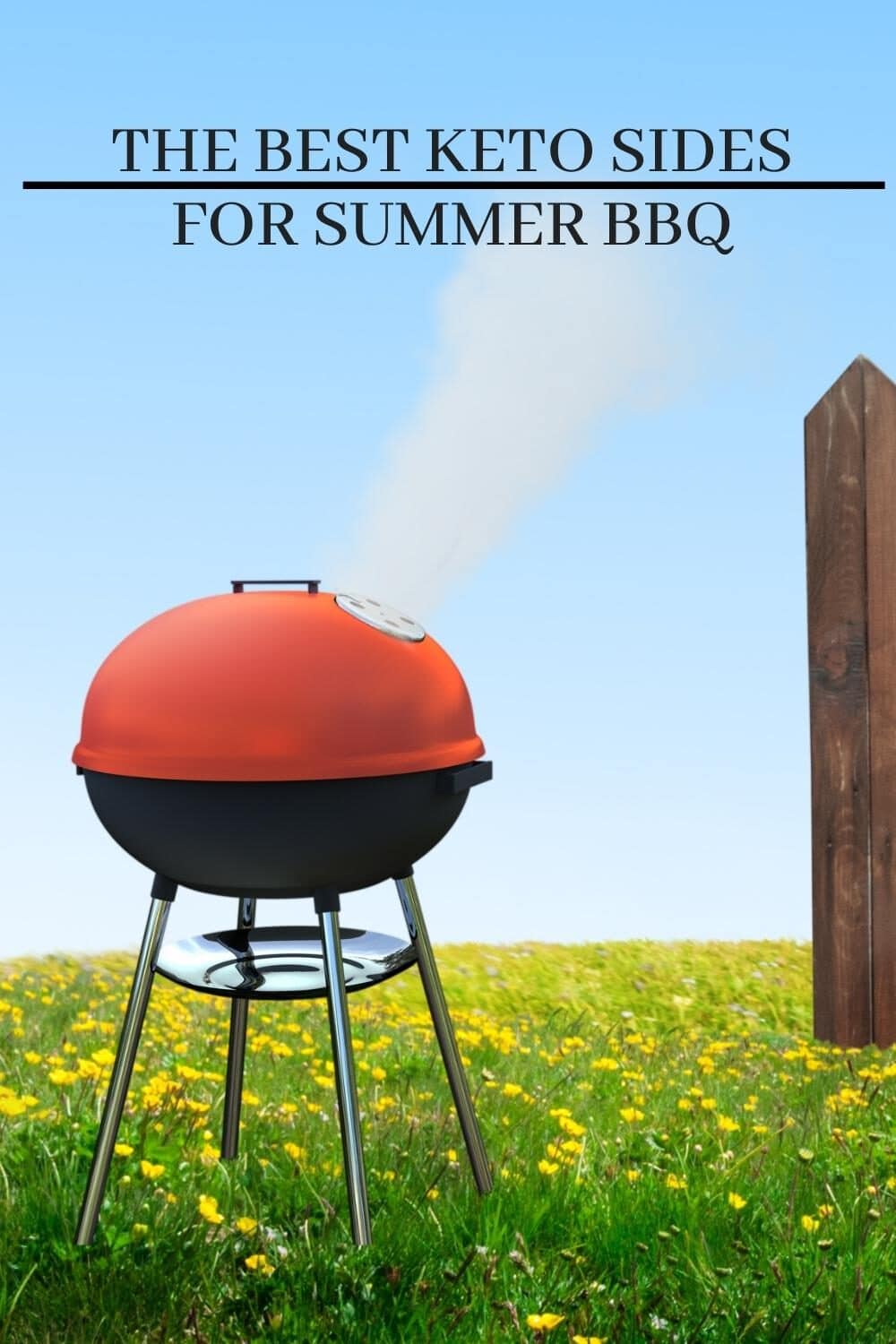 A picturesque summer BBQ scene set against a backdrop of blue skies and vibrant nature. A red grill takes center stage, emanating warmth and anticipation. In the foreground, a field of yellow flowers adds a pop of color, while a charming brown picket fence frames the scene. The image captures the essence of a sunny outdoor gathering, evoking feelings of relaxation, joy, and the delicious aromas of grilled food
