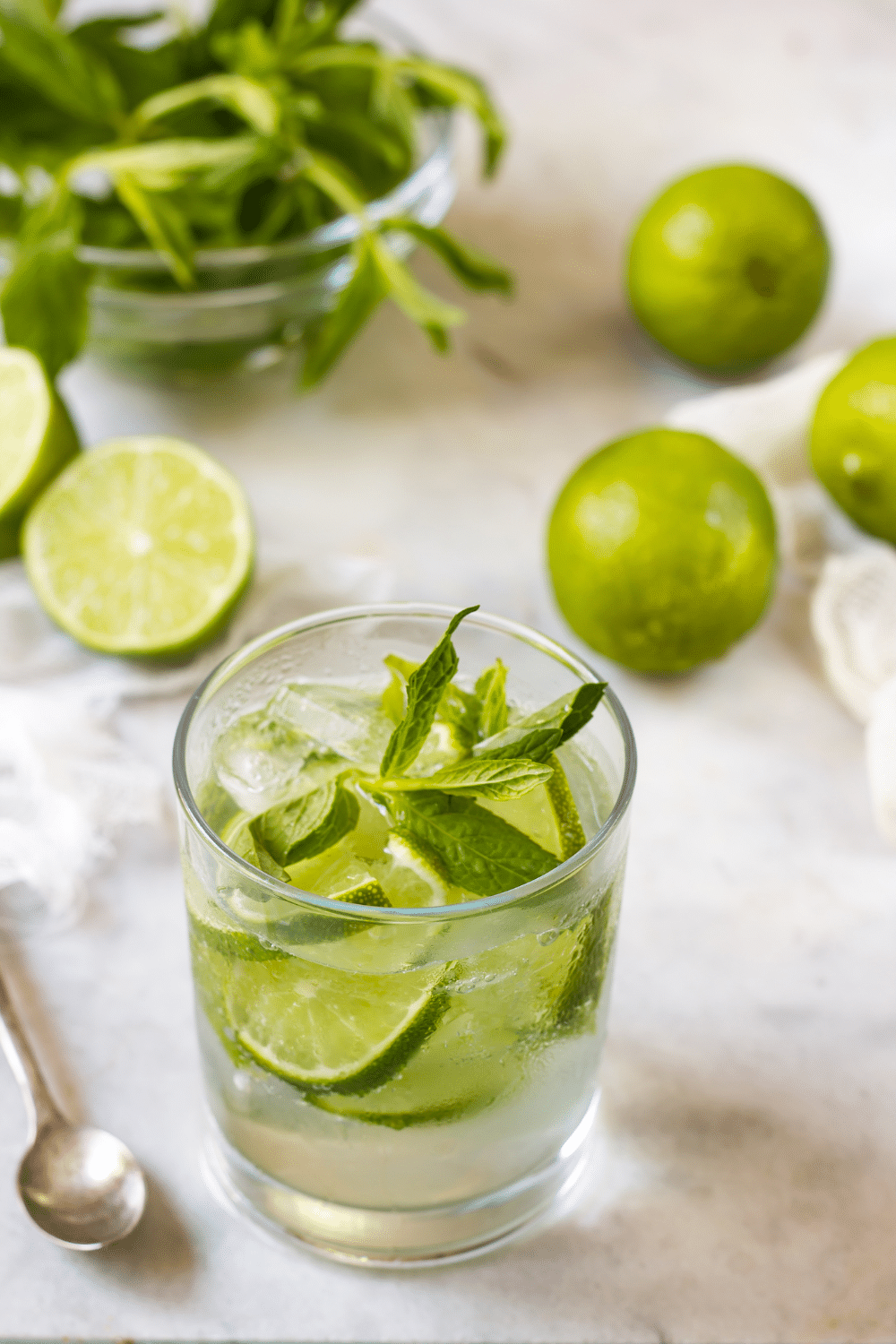 Exquisite mojito cocktail served in a frosty glass, garnished with fresh lime slices, sprigs of aromatic mint, and a dash of monk fruit sweetener.
