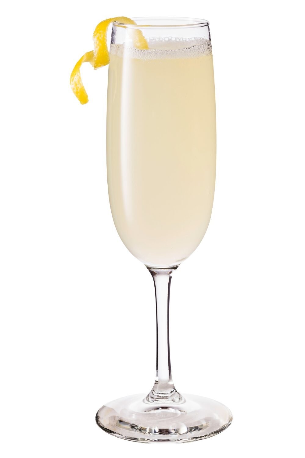 A bubbly and sophisticated cocktail made with gin, lemon juice, sugar-free sweetener, and topped with sparkling wine, served in a flute.