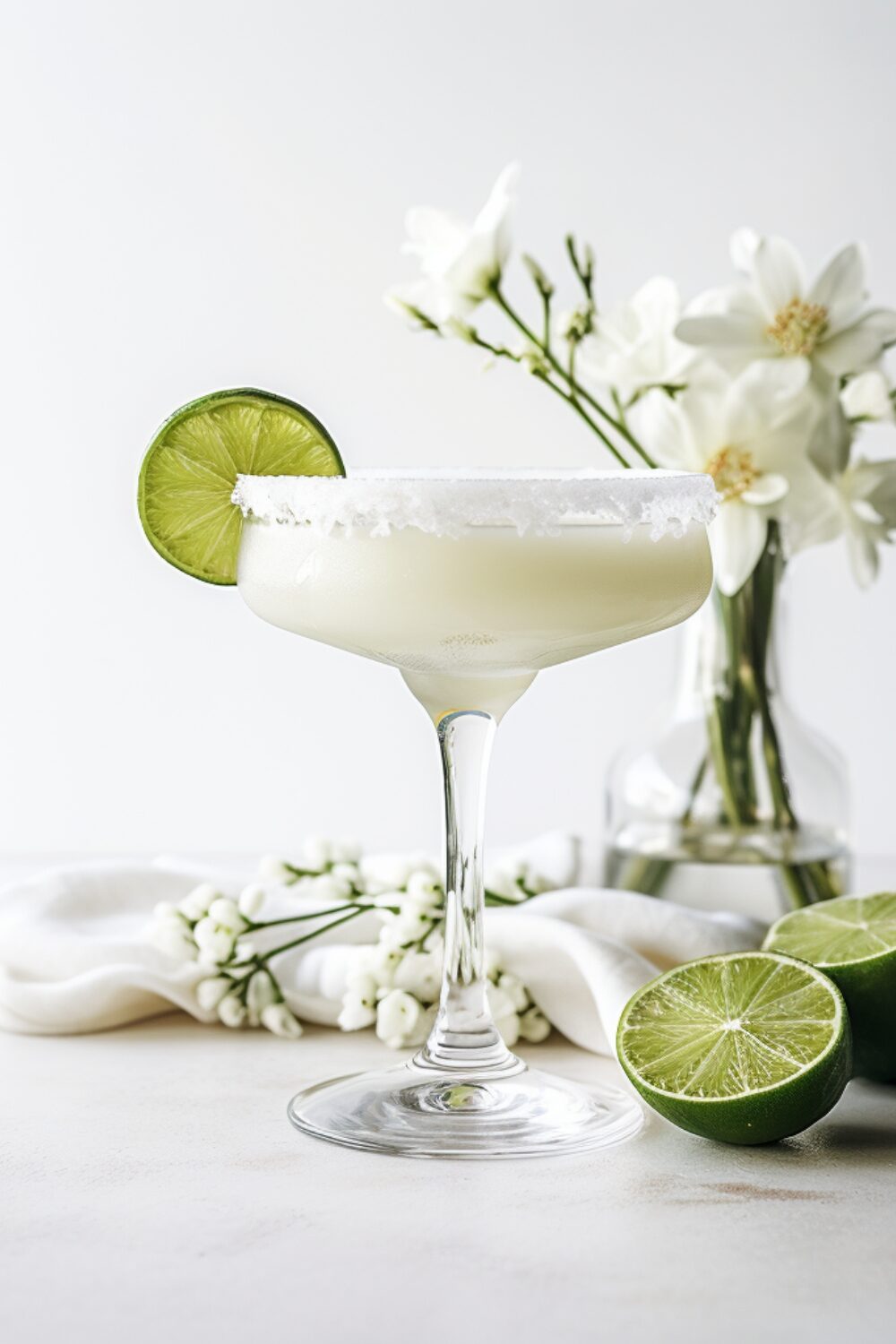A frosty glass with a salt-rim, filled with a slushy lime margarita mocktail, accompanied by a lime wedge.