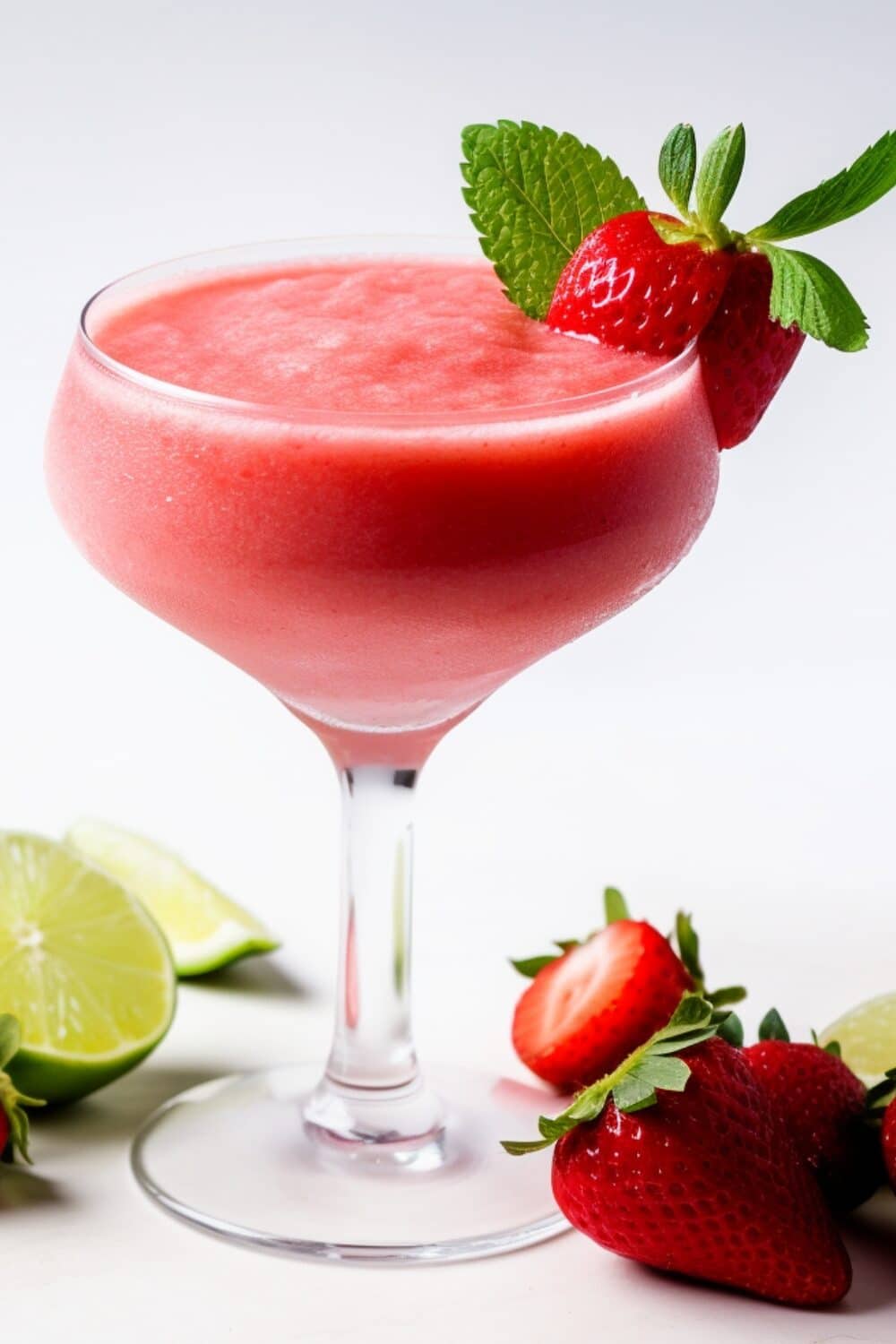 A vibrant red strawberry daiquiri mocktail in a chilled glass, topped with a fresh strawberry slice.