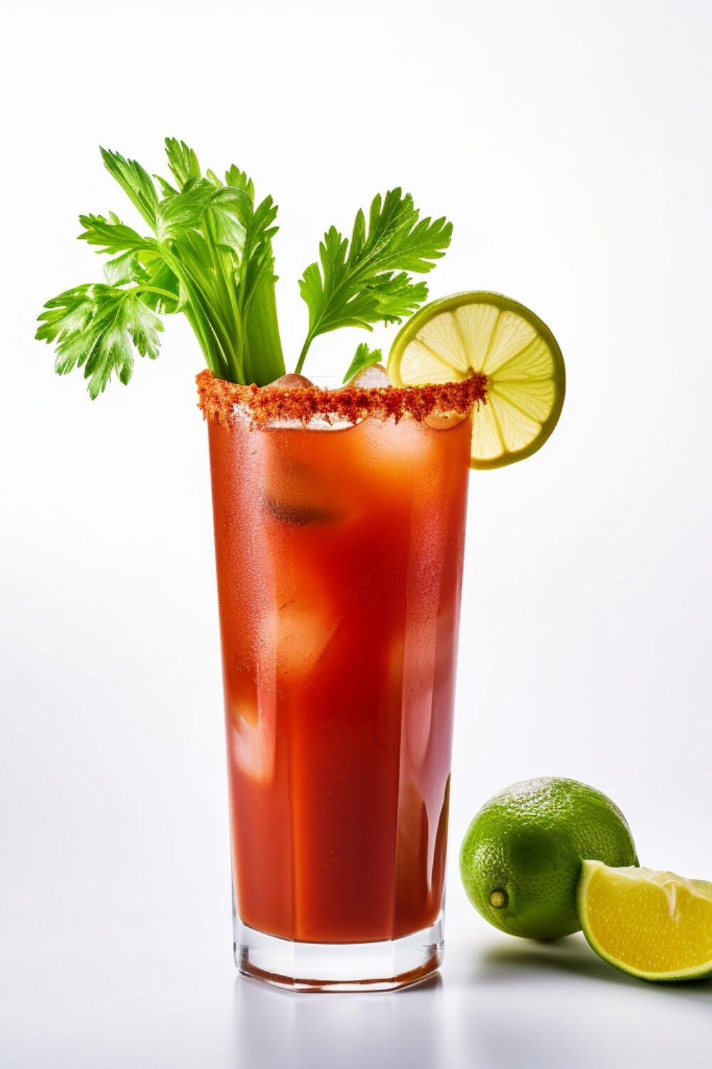 A tall glass filled with a rich tomato-based Virgin Mary, accompanied by a stick of celery and a lemon wedge.
