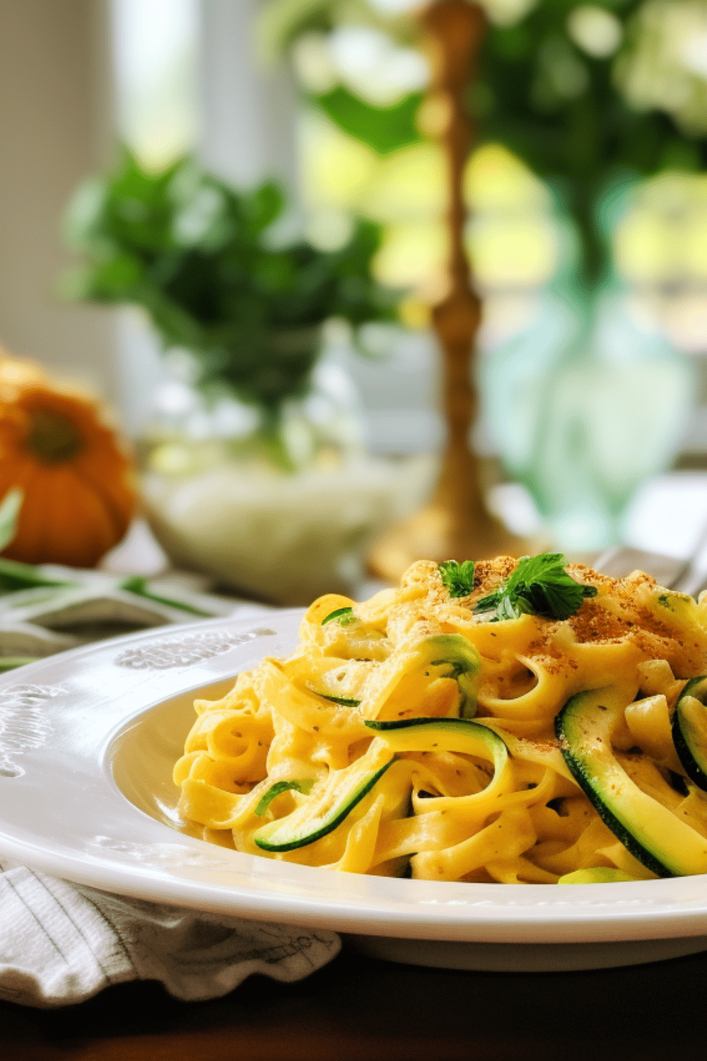 A bowl of zoodles coated in a creamy pumpkin Alfredo sauce, sprinkled with parmesan.