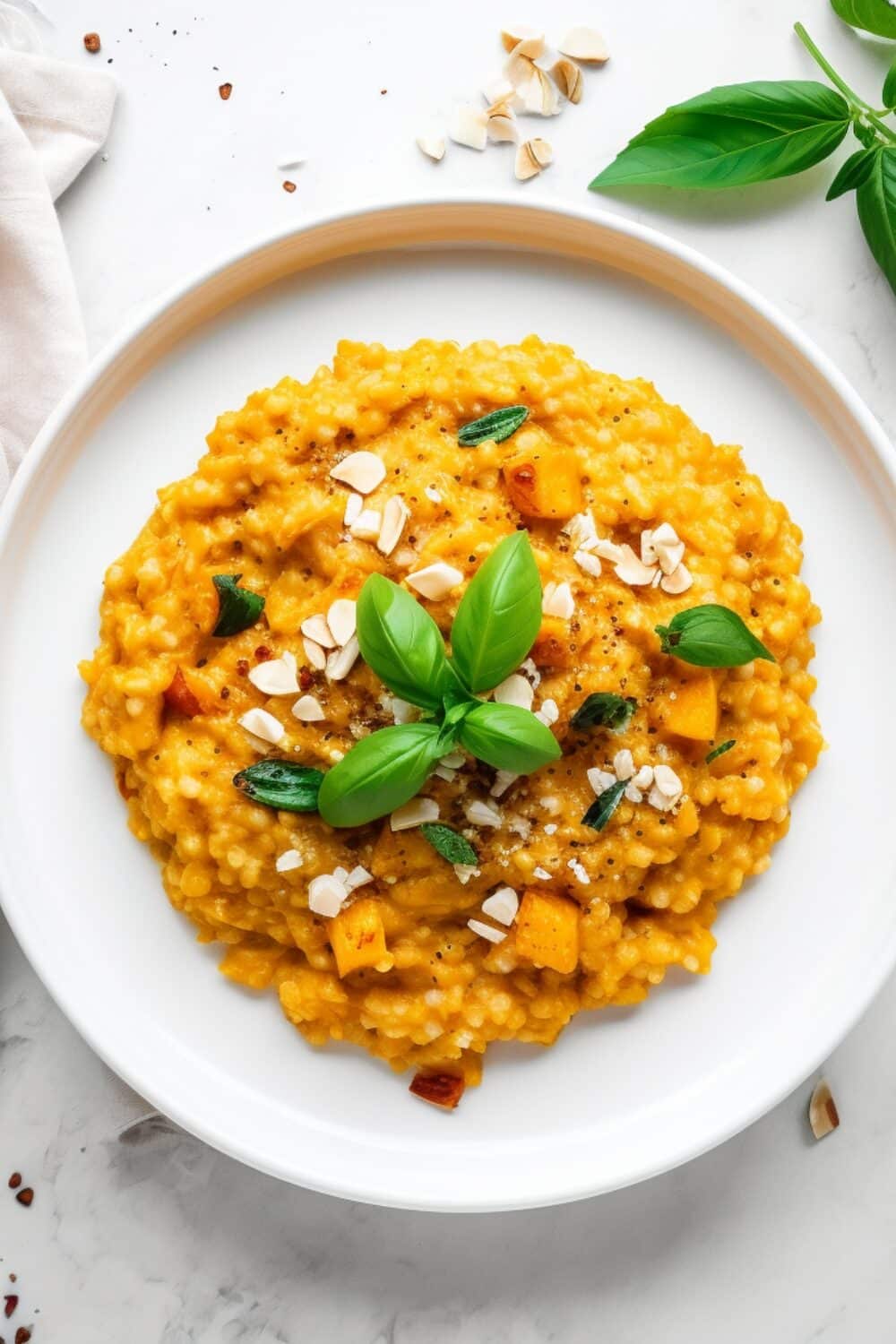 A plate of creamy pumpkin cauliflower risotto garnished with fresh basil.