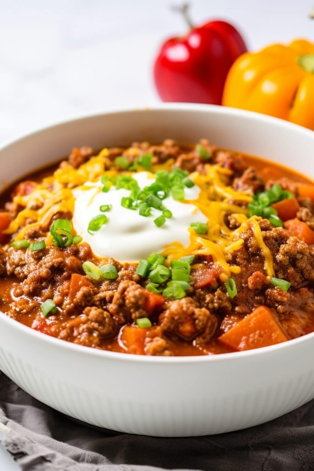 A hearty bowl of pumpkin chili topped with shredded cheese, green onions, and sour cream