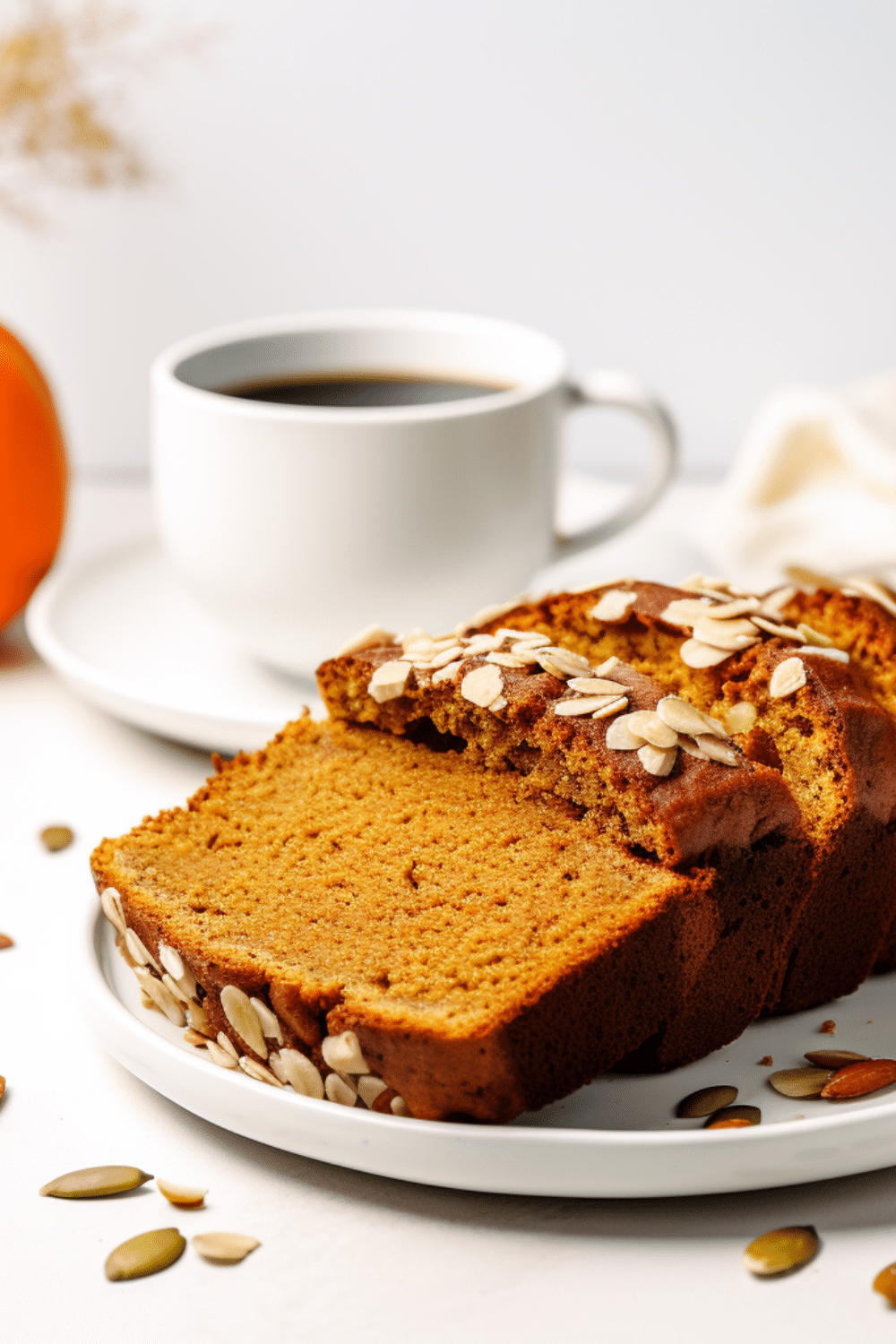 A moist loaf of pumpkin spice bread, sliced and ready to serve on a white plate.
