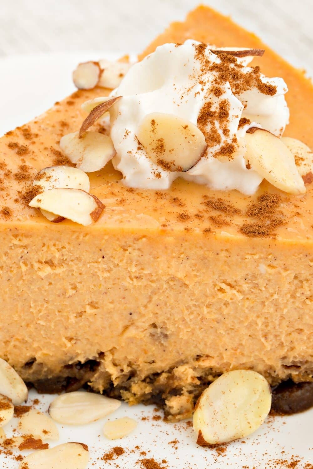 A creamy no-bake pumpkin cheesecake with no crust, garnished with whipped cream.