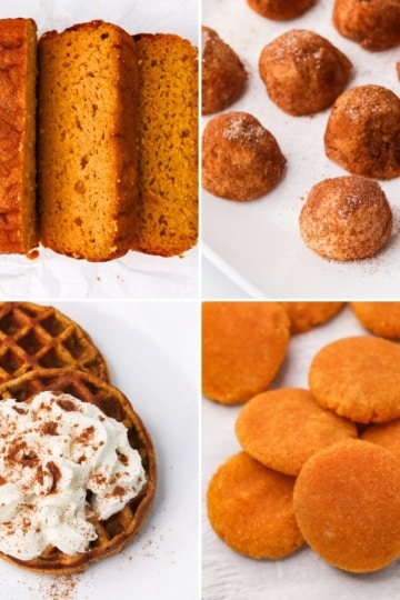 Keto pumpkin bread, snickerdoodle bites, whipped cream waffle, and cookies in a four-image collage