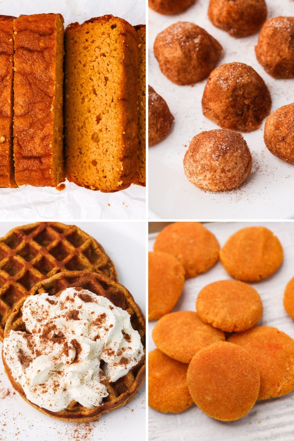 Keto pumpkin bread, snickerdoodle bites, whipped cream waffle, and cookies in a four-image collage
