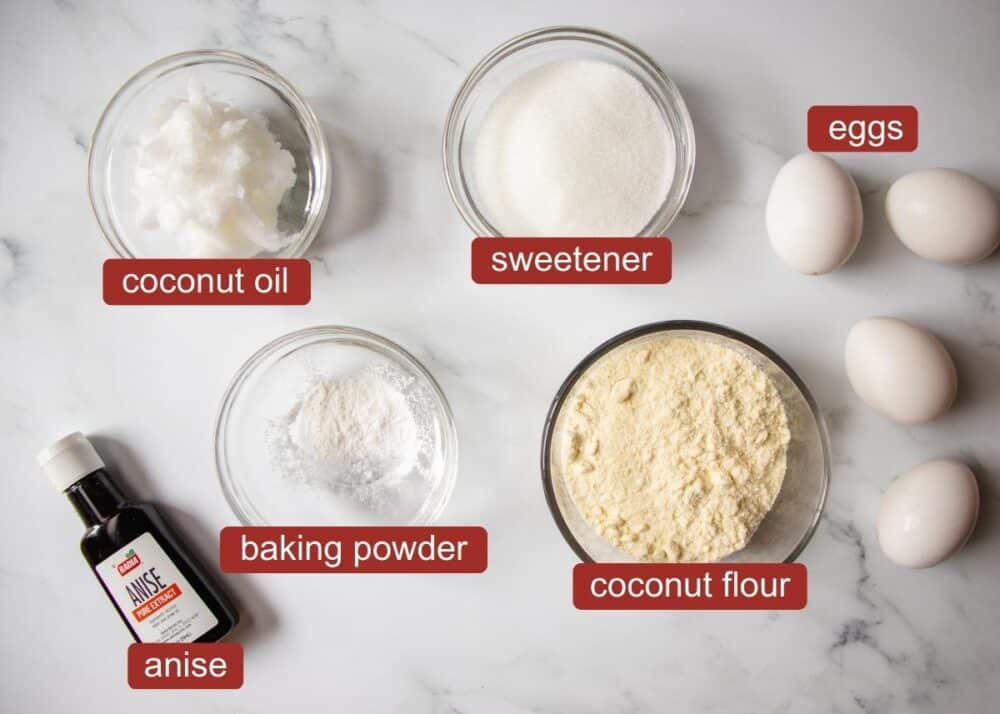 Ingredients of Keto Pizzelle Recipe overhead shot